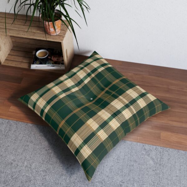 Hunter green and beige plaid tufted floor pillow on wooden floor