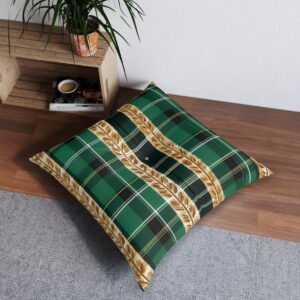 Elegant hunter green plaid tufted floor pillow with ornate golden accents