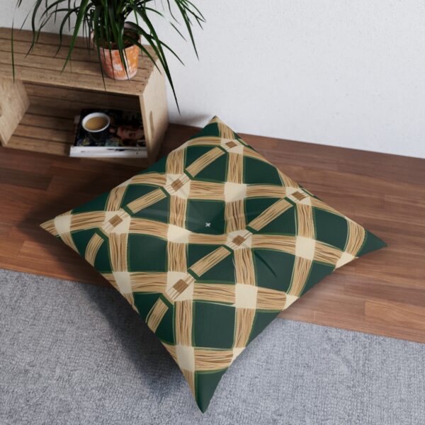 Striking plaid tufted floor pillow in hunter green with wheat accents