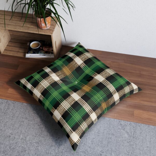 Crisp hunter green and beige plaid tufted floor pillow with classic tartan appeal