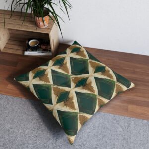 Hunter green and bear brown symmetrical plaid tufted floor pillow on a wheat-colored background