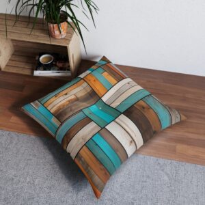 Unique reclaimed wood design tufted floor pillow with vibrant teal accents