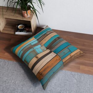 Modern artistry reclaimed wood tufted floor pillow with dynamic teal stripes