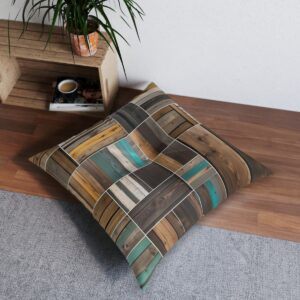 Contemporary reclaimed wood tufted floor pillow with teal and green stripes in a modern setting