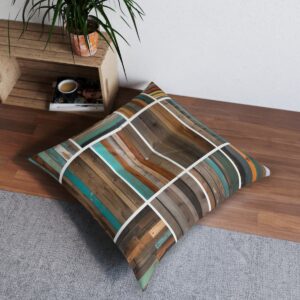 Multicolored striped wooden plank tufted floor pillow in an eco-friendly home setting