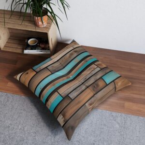 Teal stripe wooden plank tufted floor pillow in a modern room