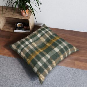 Green and gold plaid tufted floor pillow in a cozy room setting