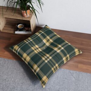 Plaid pattern tufted floor pillow in rich ivy green and golden hues