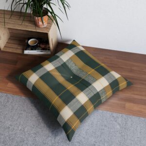 Woven plaid tufted floor pillow in harmonious ivy green and gold