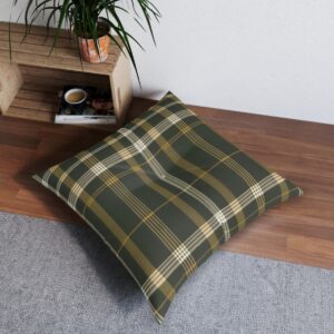 Classic plaid tufted floor pillow in ivy green with gold accents