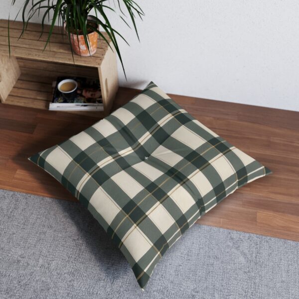 Ivy green and rustic gold soft plaid tufted floor pillow