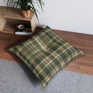 Soft plaid tufted floor pillow with ivy green and gold hues