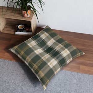 Gold and ivy green plaid tufted floor pillow on wooden floor