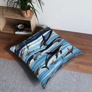 Ocean splendor tufted floor pillow with whales and dolphins on navy and sky blue stripes