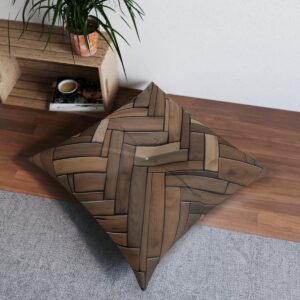 Brown herringbone wood pattern tufted floor pillow in a modern room