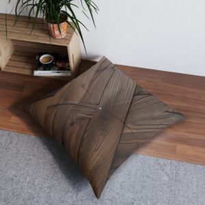 Square tufted floor pillow with a mesmerizing dark wood grain pattern