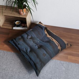 Square tufted floor pillow with intricate bark texture in shades of night