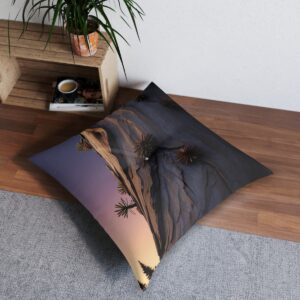 Square tufted floor pillow with twilight forest and pine tree silhouettes against a dusky sky