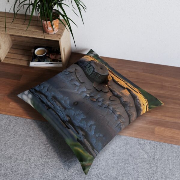 Floor pillow featuring bark texture with golden highlights resembling a forest at dusk