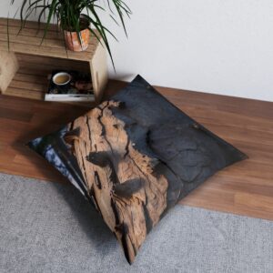 Floor pillow with intricate tree bark design against a twilight backdrop