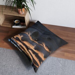 Floor pillow with pine bark texture against a serene twilight sky