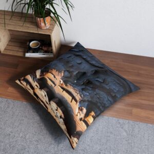 Square tufted floor pillow with detailed pine bark texture against twilight backdrop