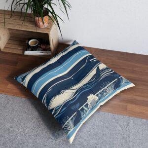 Serene whales design tufted floor pillow with navy and sky blue stripes