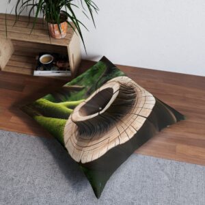 Square tufted floor pillow with lifelike tree stump design against vibrant greenery