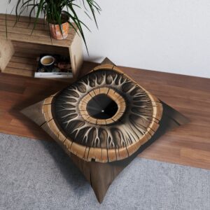 Detailed square tufted floor pillow with tree stump ring pattern