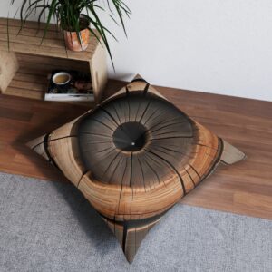 Square tufted floor pillow with a design resembling tree growth rings