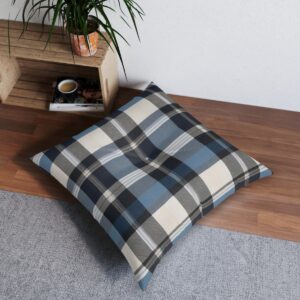 Contemporary square tufted floor pillow with blue and gray tartan plaid pattern