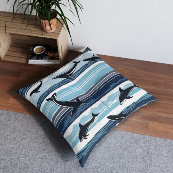 Tufted floor pillow with blue stripes and marine life pattern