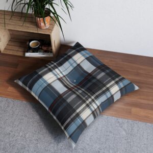 Square tufted floor pillow with refined tartan plaid in charcoal, sky blue, and soft gray