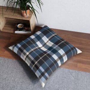 Square tufted floor pillow with modern charcoal gray and muted blue tartan plaid