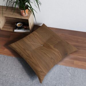 Square tufted floor pillow with natural oak wood grain design