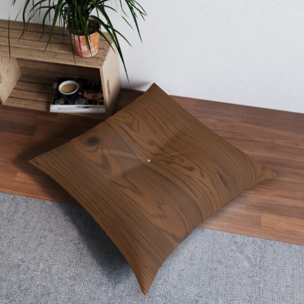 Square tufted floor pillow with walnut wood grain pattern