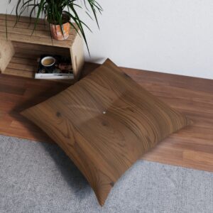 Square tufted floor pillow with chestnut wood grain pattern