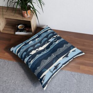 Navy and sky blue striped tufted floor pillow with whale and dolphin design