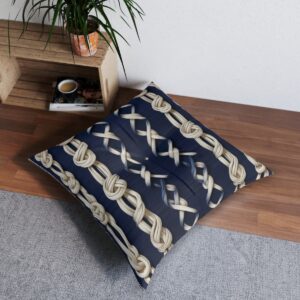 Tufted floor pillow with a medley of knotted ropes against navy stripes