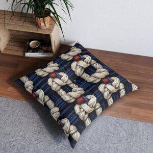 Tufted floor pillow showcasing knotted ropes over deep navy stripes