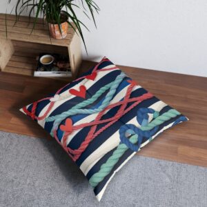 Maritime affection tufted floor pillow with playful nautical ropes and hearts