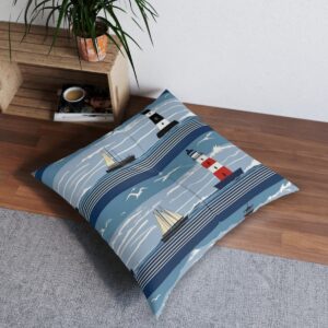 Tufted floor pillow with tranquil lighthouses and ships against soothing navy stripes