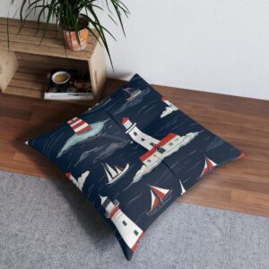 Tufted floor pillow with striking lighthouse and ship design amidst navy stripes