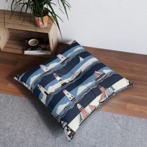 Tufted floor pillow with striking lighthouse and ship design