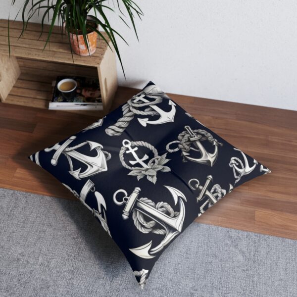 Nautical-themed tufted floor pillow with iconic sailor tattoos