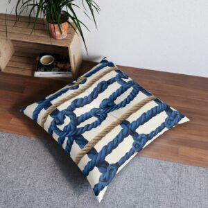 Sailor's infinity tufted floor pillow with timeless knots on striped background