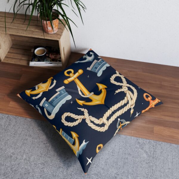 Plush tufted floor pillow adorned with classic sailor tattoos