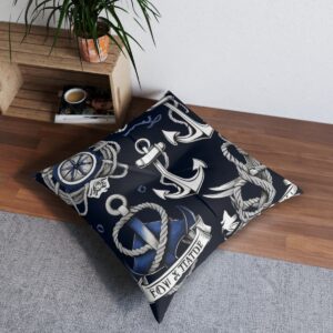 Nautical-themed floor pillow with traditional sailor tattoos anchors and ropes on navy blue