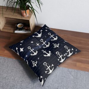 Constellation of anchors adorning dark blue stripes floor pillow