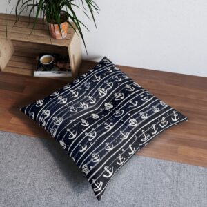 Dark blue striped floor pillow with anchors sprinkled like a constellation